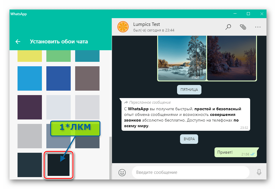 WhatsApp для Windows выбор цвета подложки всех переписок в мессенджере