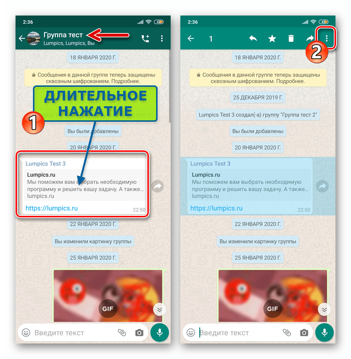 WhatsApp для Android выделение сообщения в групповом чате, переход в меню опций