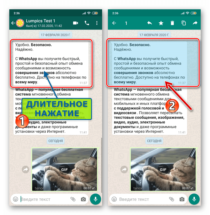 WhatsApp для Android - выделение сообщения в переписке