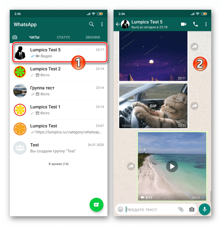 WhatsApp для Android открытие переписки, содержащей файл (фото, видео, GIF) для пересылки из мессенджера в другой сервис