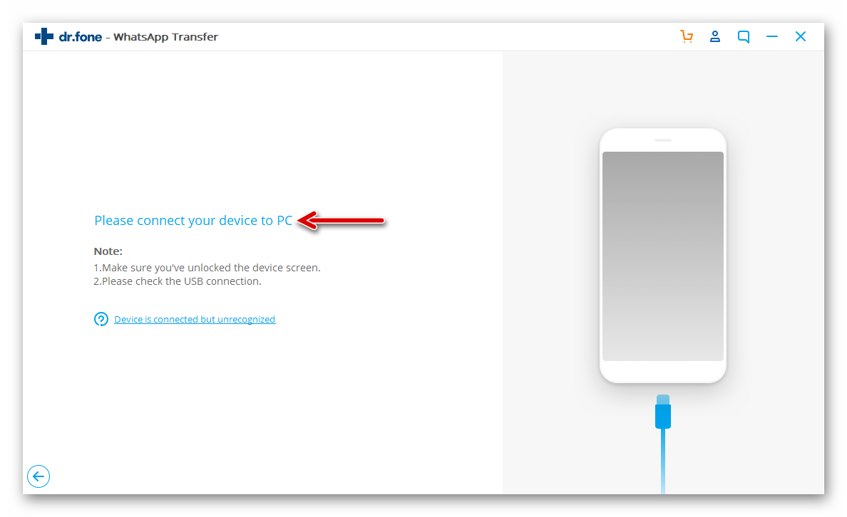 Dr.fone WhatsApp Transfer подключение Android-смартфона для развертывания на нём бэкапа с iPhone