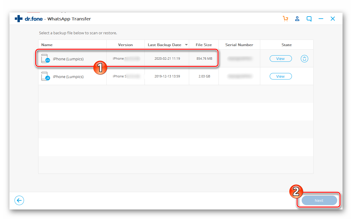 Dr.fone WhatsApp Transfer выбор полученной с iPhone резервной копии, переход к ее развертыванию на Android