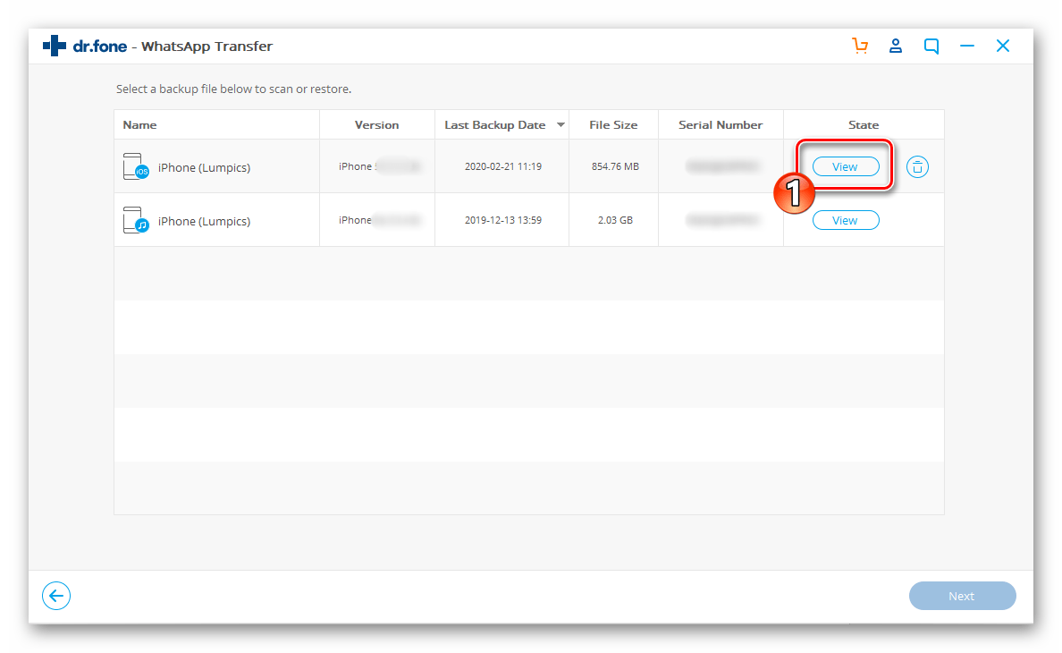 Dr.fone WhatsApp Transfer переход к просмотру содержимого резервной копии мессенджера