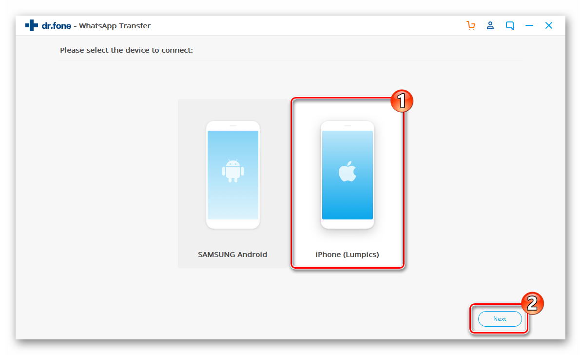 Dr.fone WhatsApp Transfer выбор iPhone среди подключенных к программе устройств для бэкапа