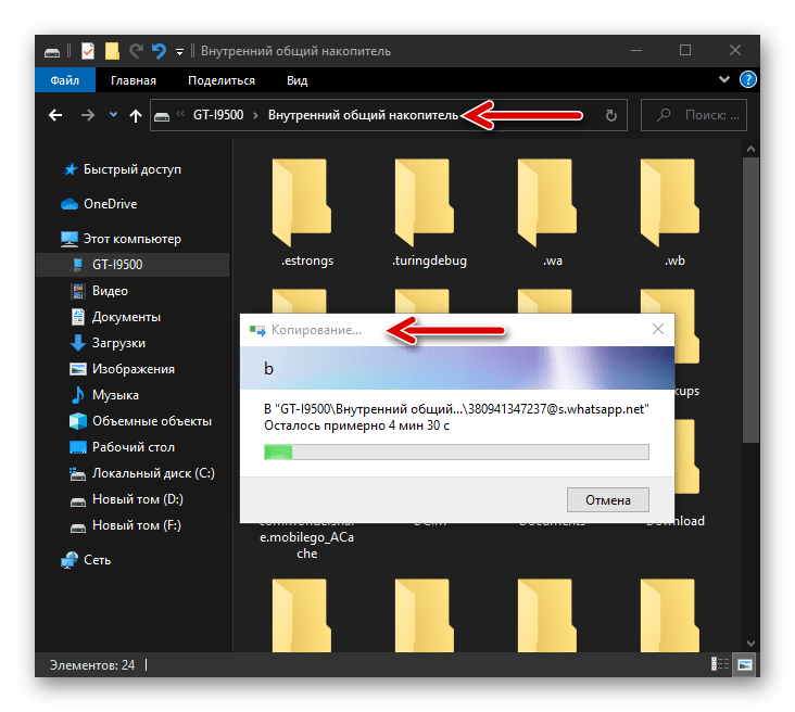 WhatsApp WazzapMigrator Exctractor копирование папки с файлами извлеченными программой из бэкапа в телефон