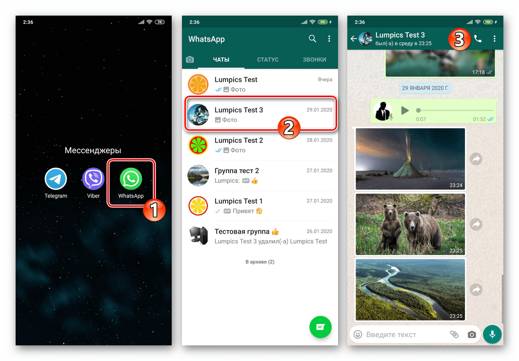 WhatsApp для Android - запуск мессенджера, переход в чат с фото для загрузки на ПК