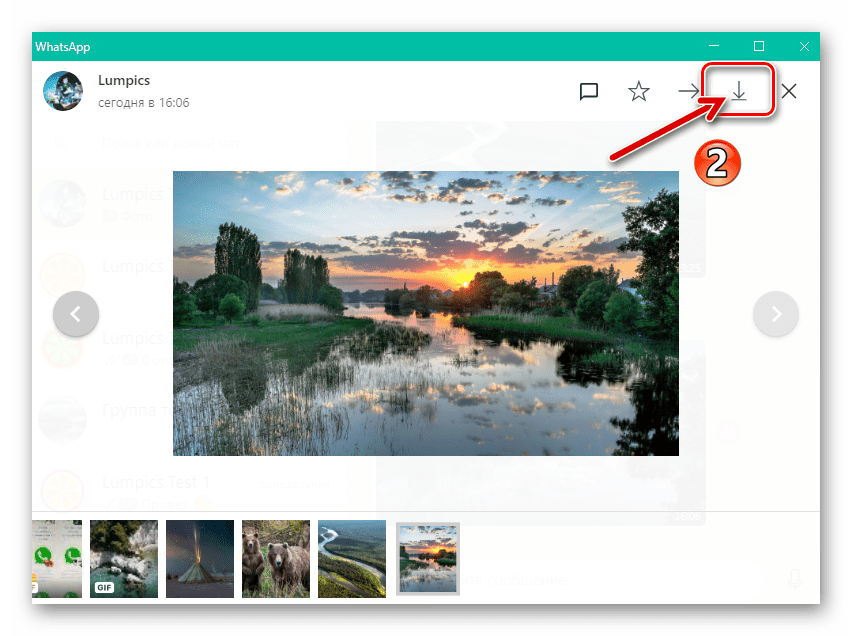 WhatsApp для Windows кнопка загрузить в окне полноразмерного просмотра фото из переписки
