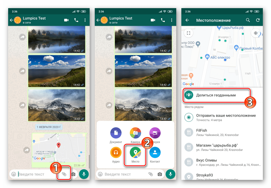 WhatsApp для Android вызов функции Делиться геоданными