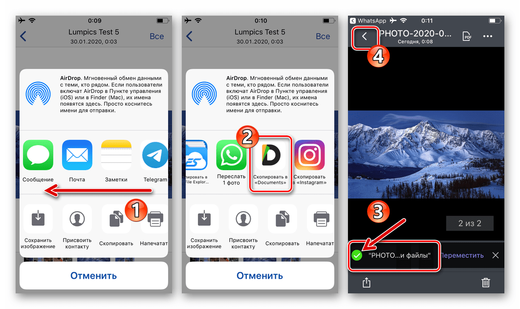 WhatsApp для iOS скопировать фото из мессенджера в программу Documents
