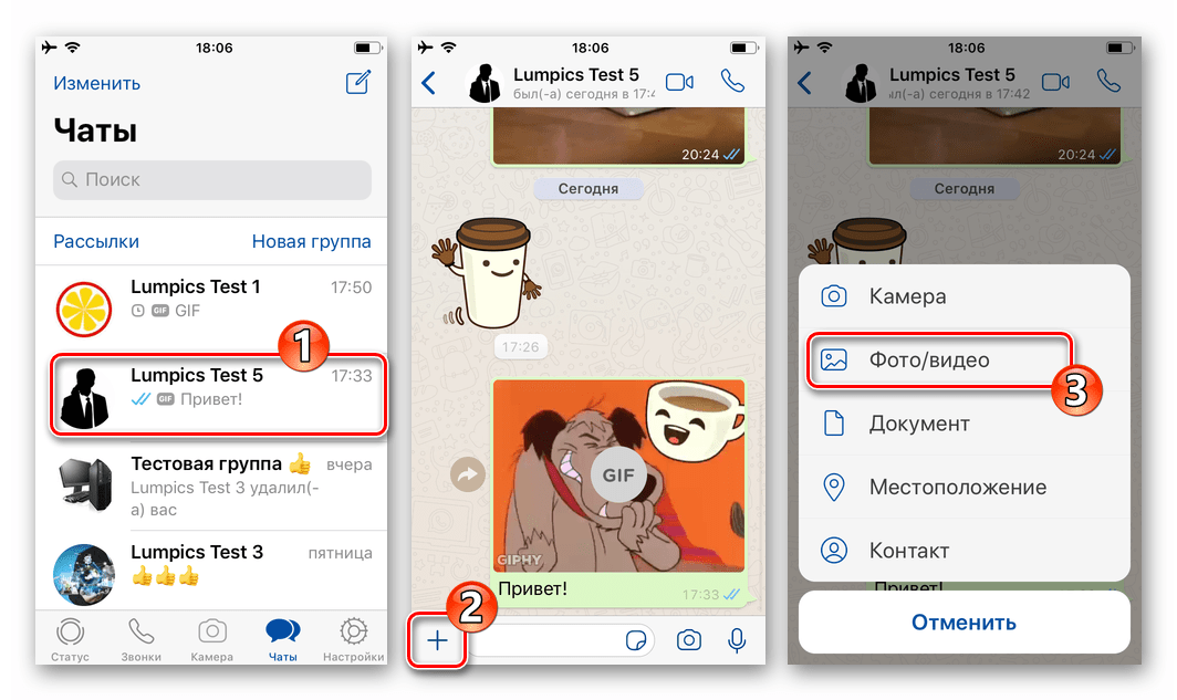 WhatsApp для iOS Выбор Фото видео в меню вложений в сообщение на экране чата