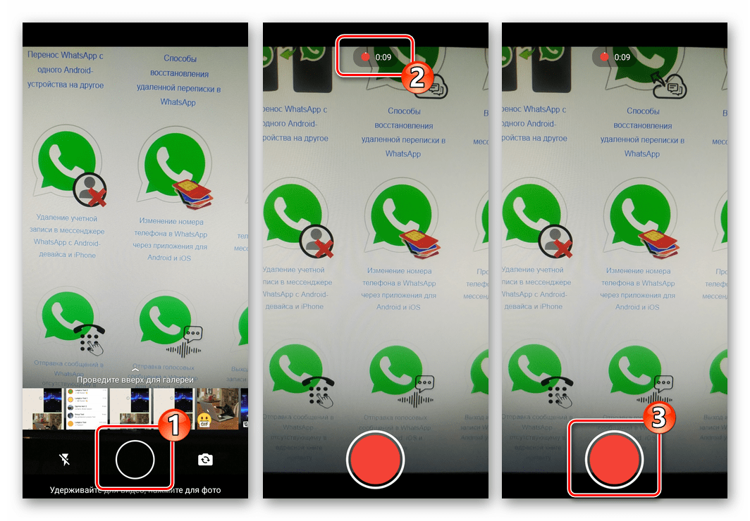 WhatsApp для Android запись короткого видео для преобразования в GIF и отправки через мессенджер
