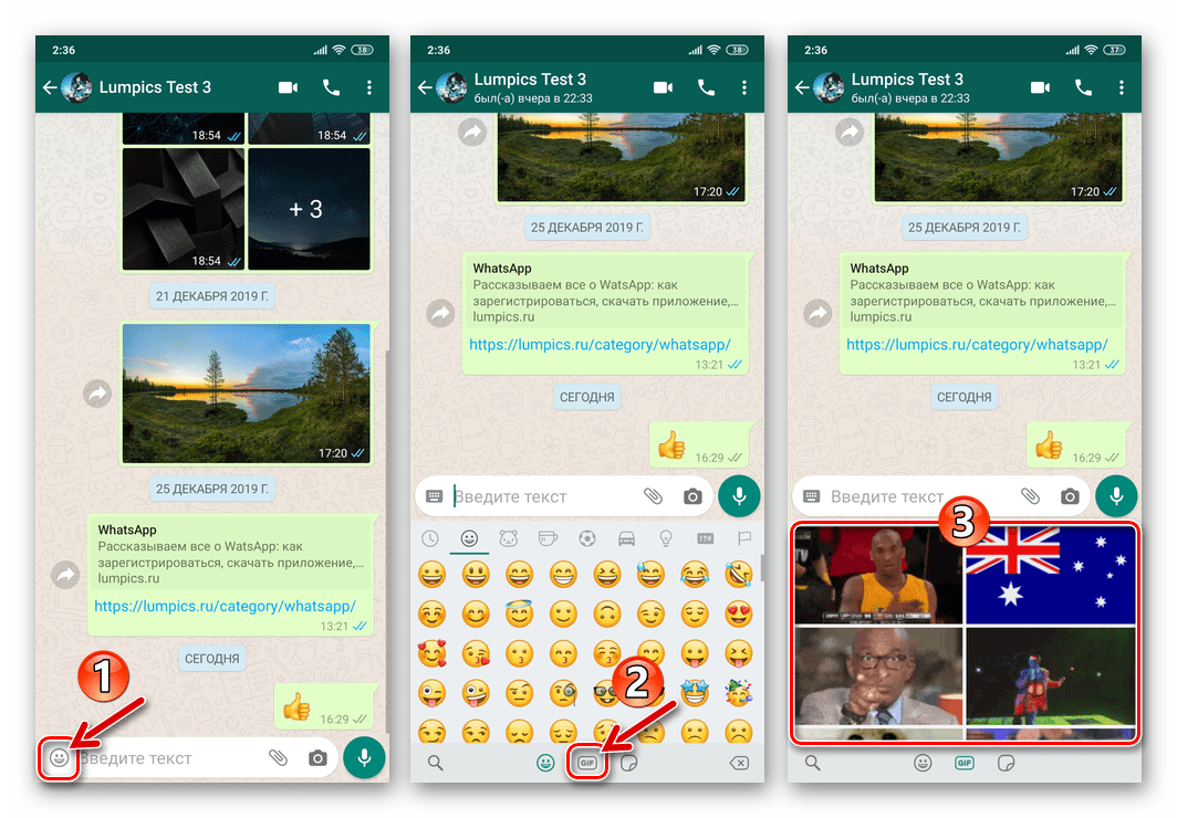 WhatsApp для Android переход к выбору GIF из каталога для отправки через мессенджер