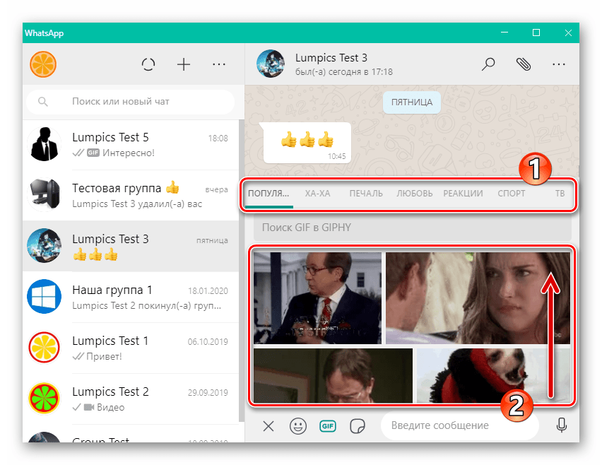 WhatsApp для Windows просмотр каталога GIF в программе мессенджера