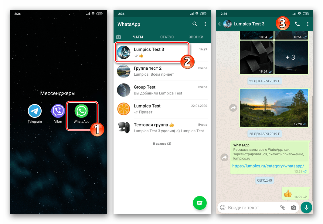 WhatsApp для Android - запуск мессенджера, переход в чат, куда нужно отправить GIF-анимацию