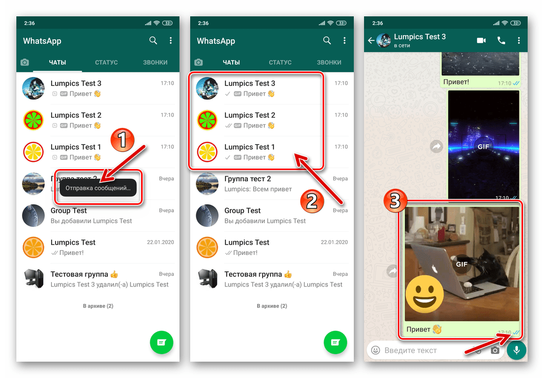 WhatsApp для Android процесс отправки нескольких GIF-файлов одновременно нескольким получателям
