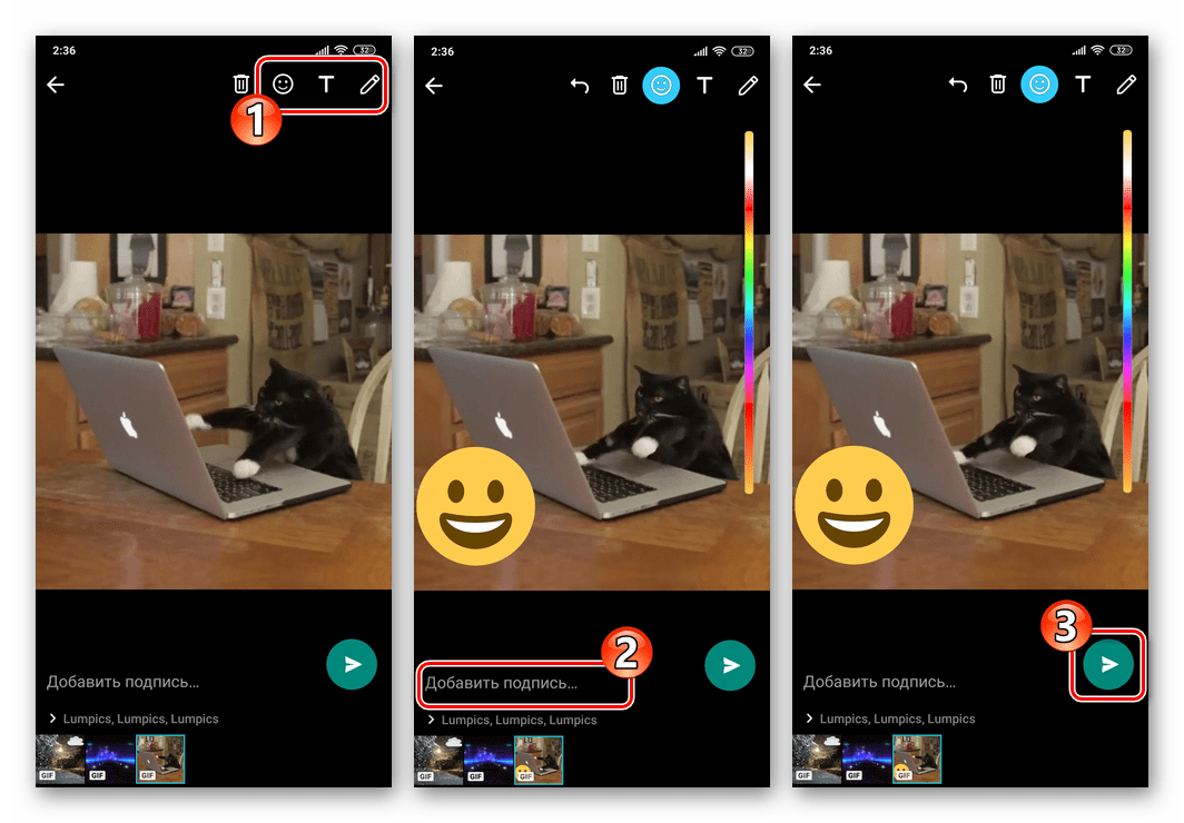 WhatsApp для Android добавление к гифке из файлового менеджера эффектов и подписи, отправка в чат