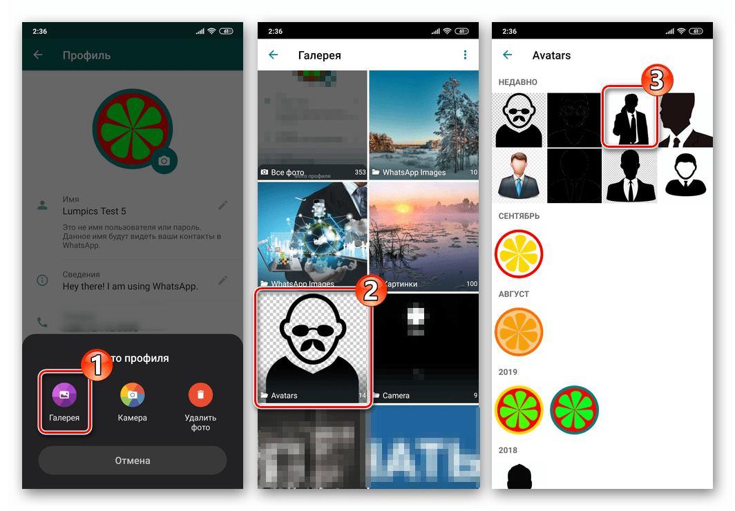 WhatsApp для Android выбор изображения для аватарки в мессенджере из Галереи смартфона