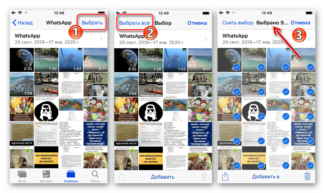 WhatsApp для iPhone выбор всех объектов (фото, видео) в Альбоме мессенджера