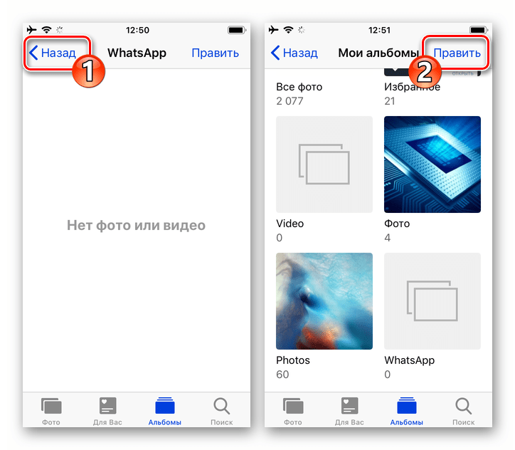 WhatsApp для iPhone программа Фото - переход в Мои альбомы после удаления всех скачанных из мессенджера фото и видео