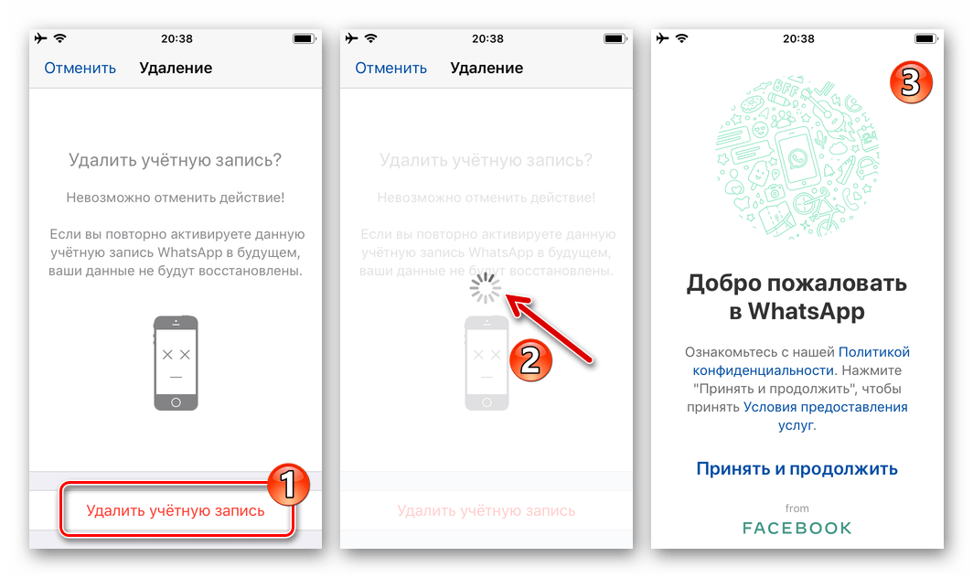 WhatsApp для iOS - процесс удаление учетной записи в мессенджере и его завершение