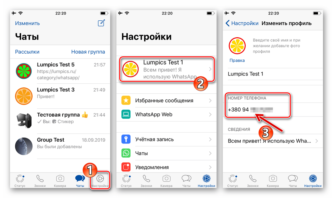 WhatsApp для iPhone просмотр своего номера телефона в мессенджере