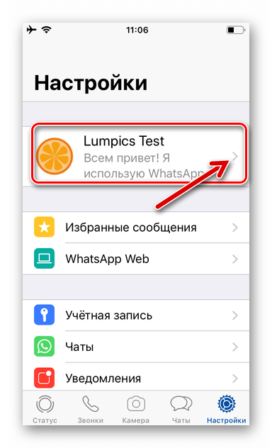 WhatsApp для iPhone имя и аватарка пользователя в Настройках мессенджера