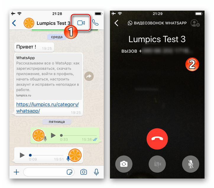 WhatsApp для iPhone видеовызов другого участника мессенджера с экрана чата с ним