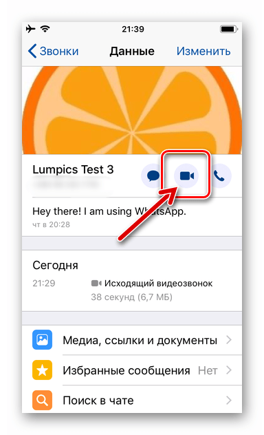 WhatsApp для iPhone видеовызов участника мессенджера с экрана просмотра сведений о нем