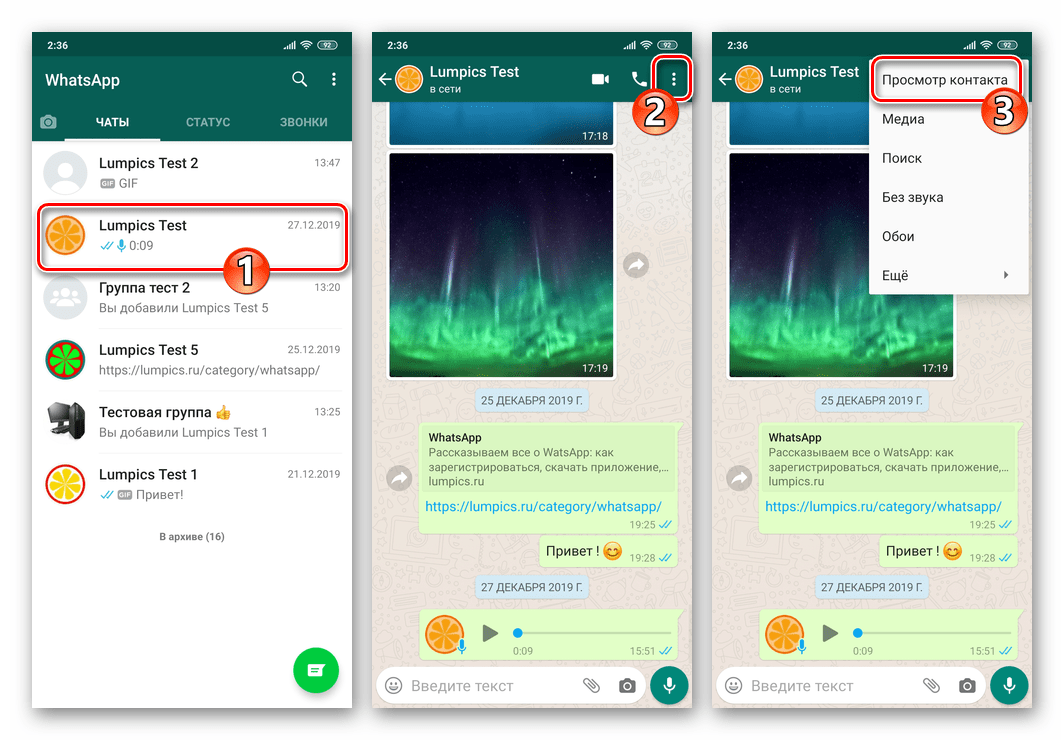 WhatsApp для Android переход в чат, вызов меню, выбор пункта Просмотр контакта