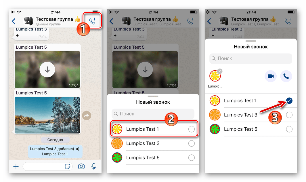 WhatsApp для iOS формирование списка участников группового видеозвонка из вступивших в группу мессенджера