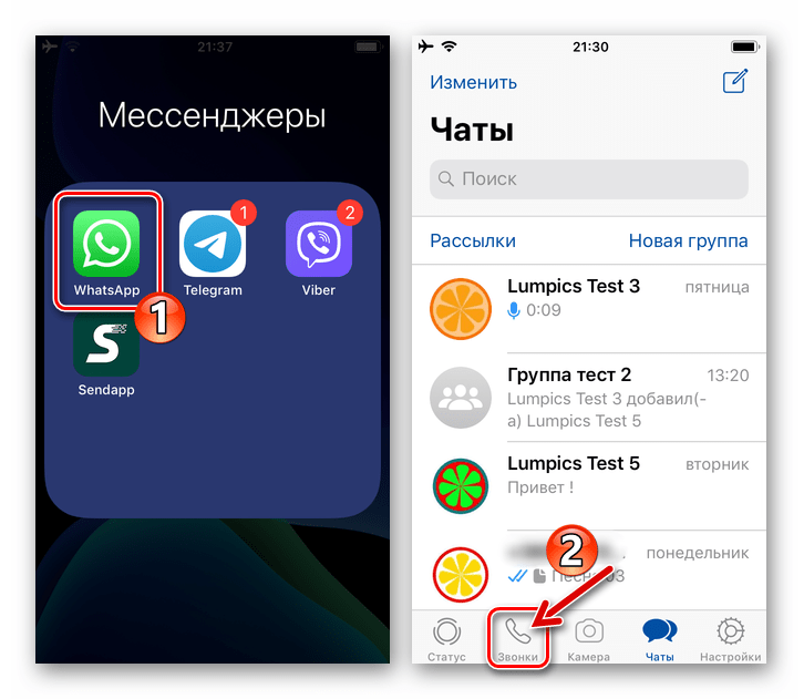 WhatsApp для iPhone запуск программы мессенджера, переход в раздел Звонки для видеовызова
