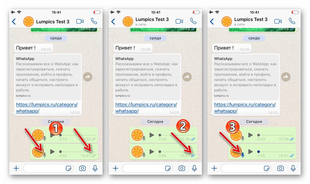 WhatsApp для iPhone - смена статуса отправленного голосового сообщения