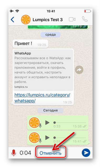WhatsApp для iPhone - отмена записи голосового сообщения и его удаление без отправки через мессенджер