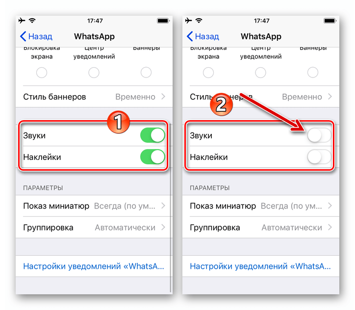 WhatsApp для iPhone Отключение Уведомлений в виде звуков и наклеек из Настроек iOS