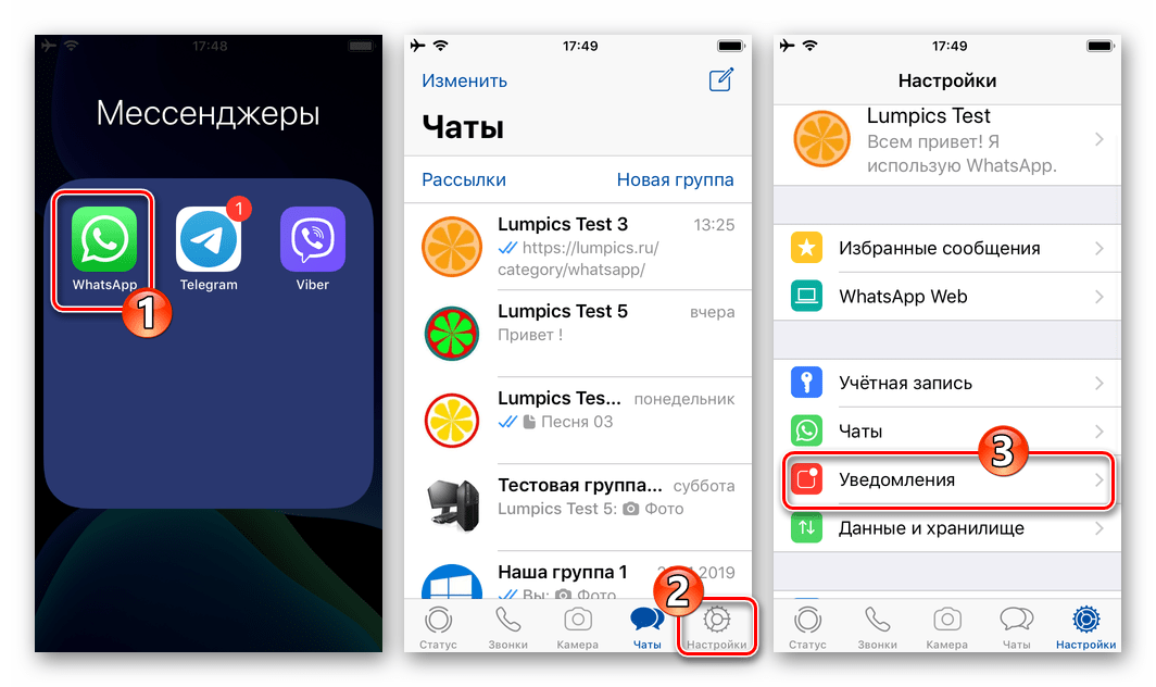 WhatsApp для iOS - запуск мессенджера, переход в Настройки - раздел Уведомления