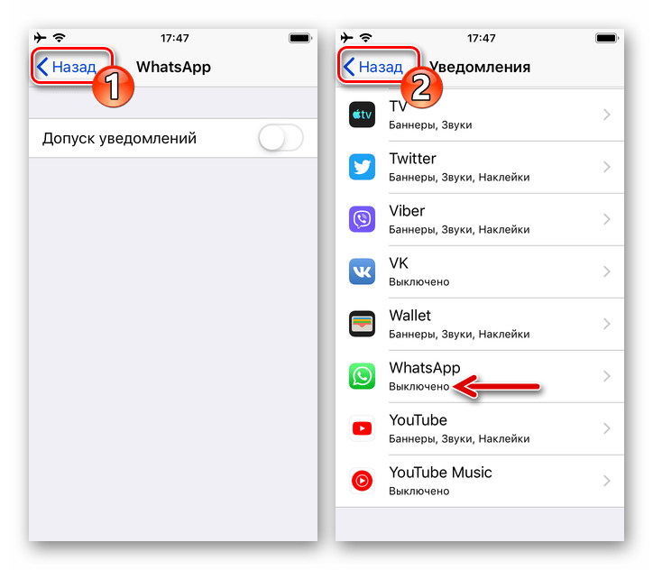 WhatsApp для iPhone выход из Настроек iOS после настройки уведомлений из мессенджера