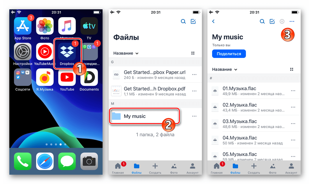 WhatsApp для iOS - Dropbox переход в папку с отпрвляемой через мессенджер музыкой