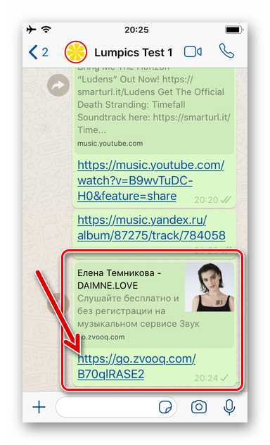 WhatsApp для iOS ссылка на аудиозапись из стримингового сервиса отправлена собеседнику в мессенджере