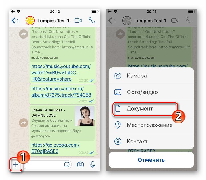 WhatsApp для iOS - меню вложений в сообщение - пункт Документ для отправки аудиофайла из памяти iPhone