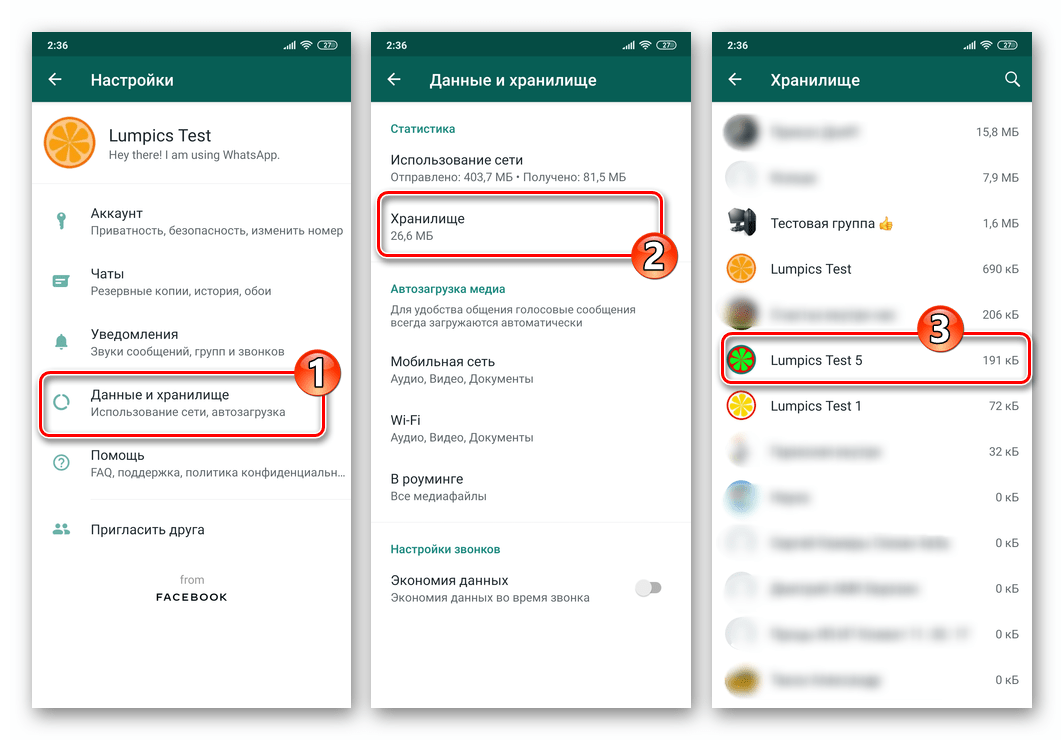 WhatsApp для Android Настройки - Данные и хранилище - Хранилище - чат из которого получены фотографии, сохраненные в памяти