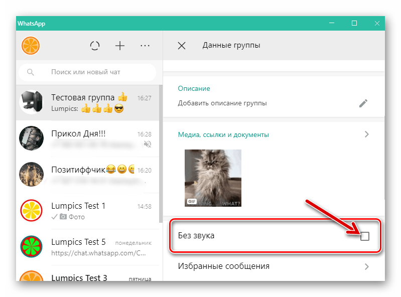 WhatsApp для Windows активация режима Без звука для группового чата