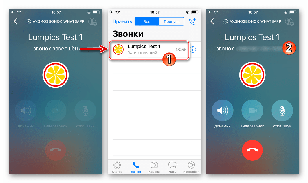 WhatsApp для iPhone аудиозвонок абоненту из Журнала вызовов