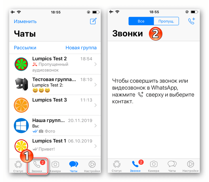 WhatsApp для iPhone переход в раздел Звонки в мессенджере