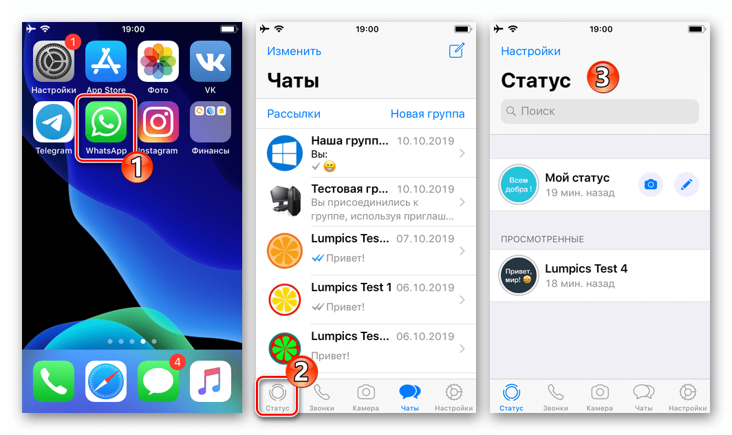 WhatsApp для iOS запуск приложения, переход в раздел Статус