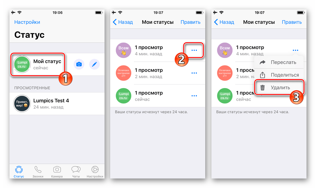 WhatsApp для iOS вызов меню Статуса в мессенджере, выбор пункта Удалить
