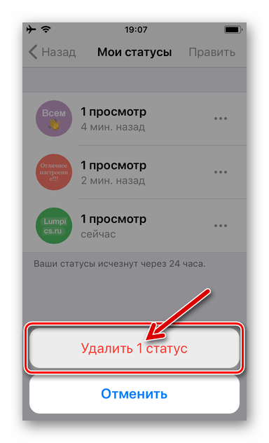 WhatsApp для iOS завершение удаления одного обновления основного Статуса в мессенджере