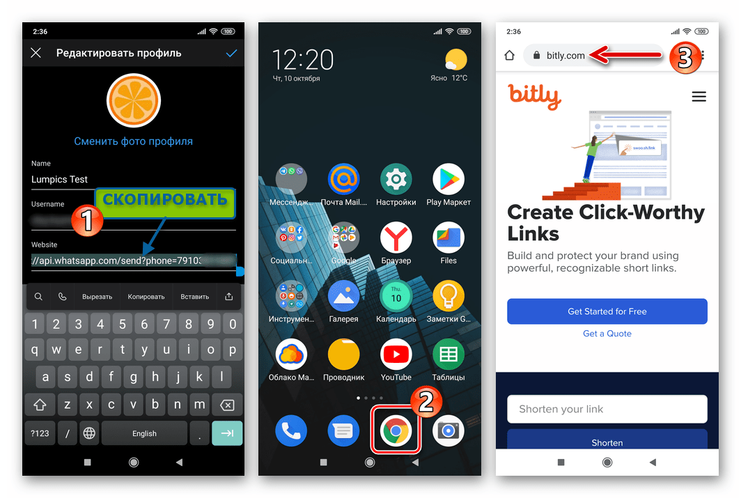 Instagram копирование ссылки на WhatsApp из информации профиля, переход в сервис сокращения ссылок