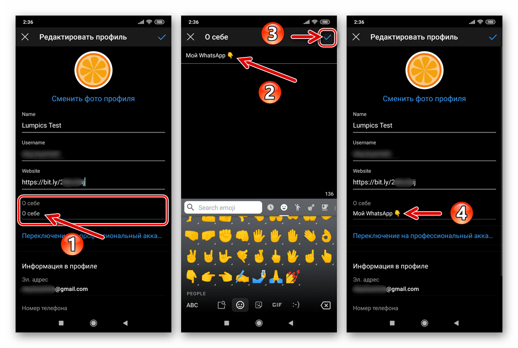 Instagram добавление описания ссылки на WhatsApp в своем профиле социальной сети