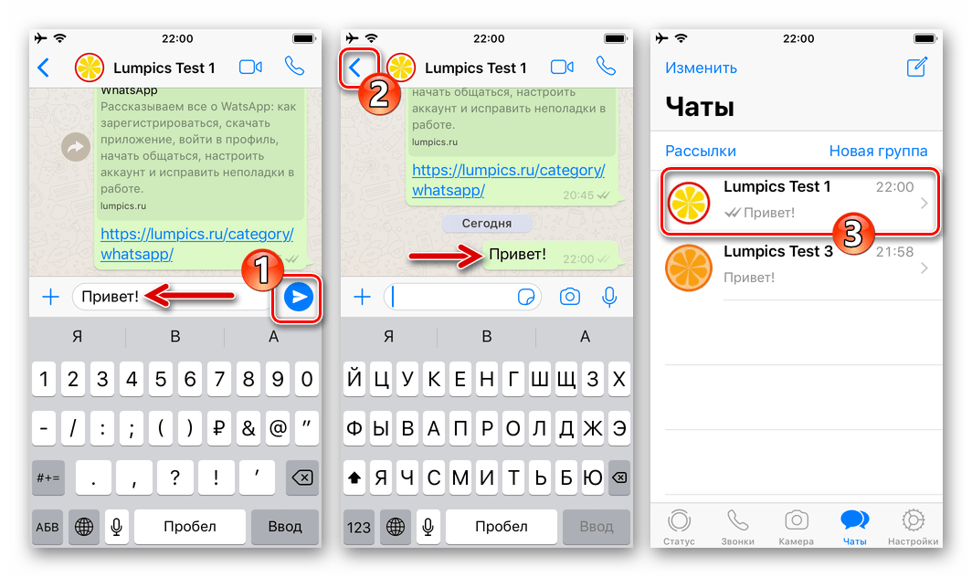 WhatsApp для iOS отправка сообщения контакту с целью разархивации чата с ним
