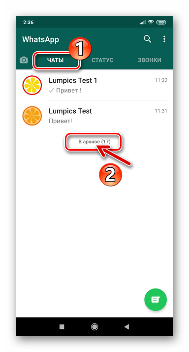 WhatsApp для Android пункт В архиве в конце списка открытых чатов